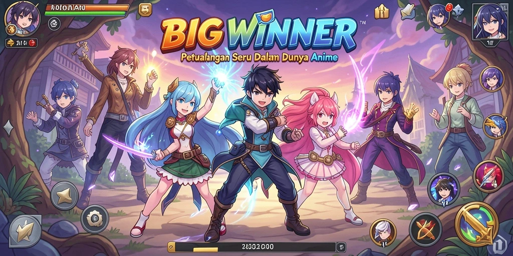 Tangkapan layar gameplay <strong>BIGWINNER</strong> yang penuh aksi dan karakter anime.